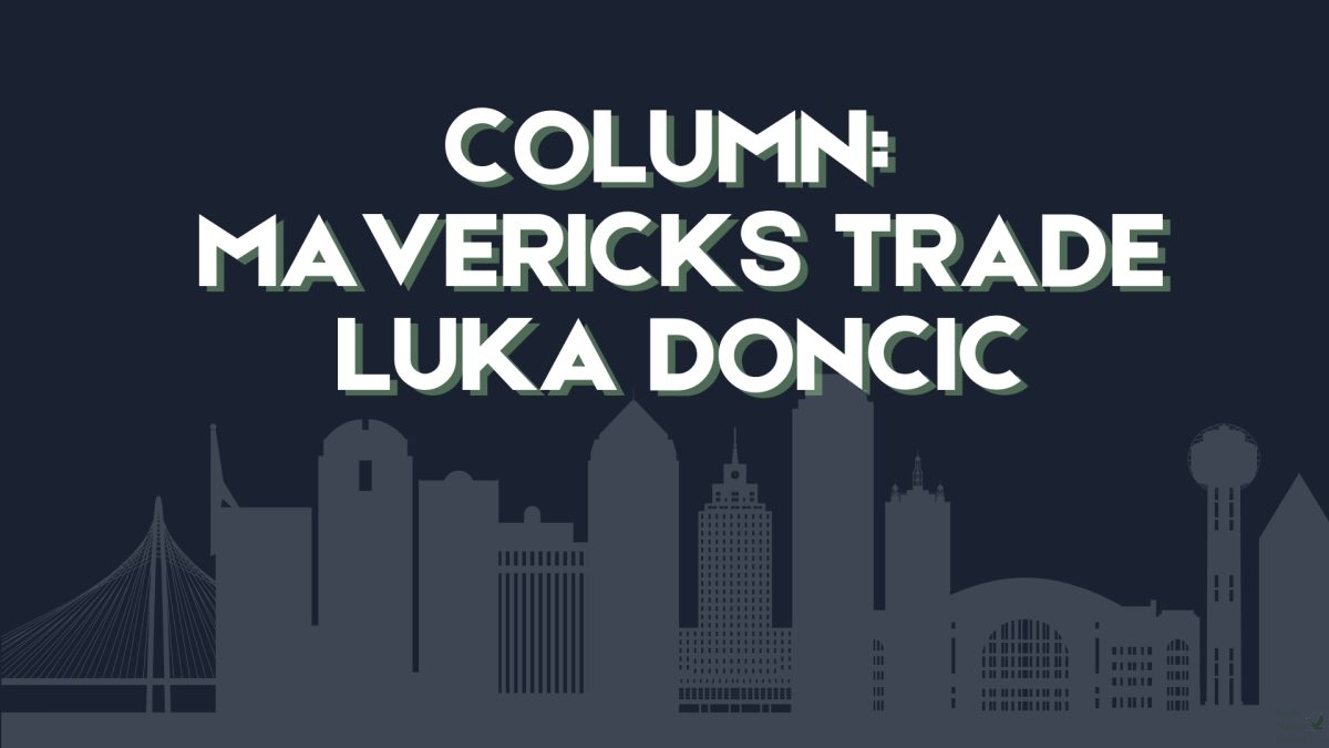 Displayed in a Canva graphic is the Dallas skyline, home of the NBA's Dallas Mavericks. Dallas is making headlines after trading seven-year team member Luka Doncic to the Los Angeles Lakers. The trade was announced on Feb. 1. 