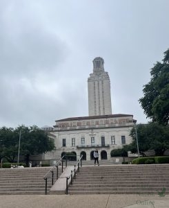 In the center of campus, the UT Austin Tower stands tall in the distance. It was built in 1934 – making it 91 years old. Every fifteen minutes, the tower rings its bells. 