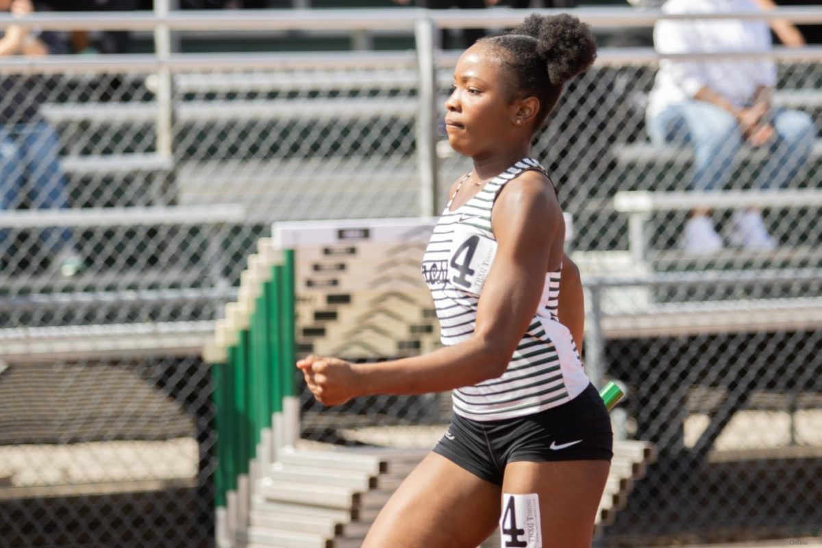 Eyes ahead, freshman Alysson Nwabueze approaches the finish line. The 800-meter run began at 1 p.m. The event was held at the Prosper High School Track and Field. 