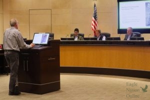 Standing behind the podium, Parks Administration Assistant Director Kurt Beilharz presents the Doe Branch Park Master Plan to the Parks and Recreation Committee. Doe Branch is currently in its design stage and is waiting to be approved by the town council. "First we want to identify a design consultant, and we usually hire architecture and engineering firms or landscape architecture firms," Beilharz said. "We get a firm on board, and then we look for public input. Once we have their input, then we put together what's called a concept plan."