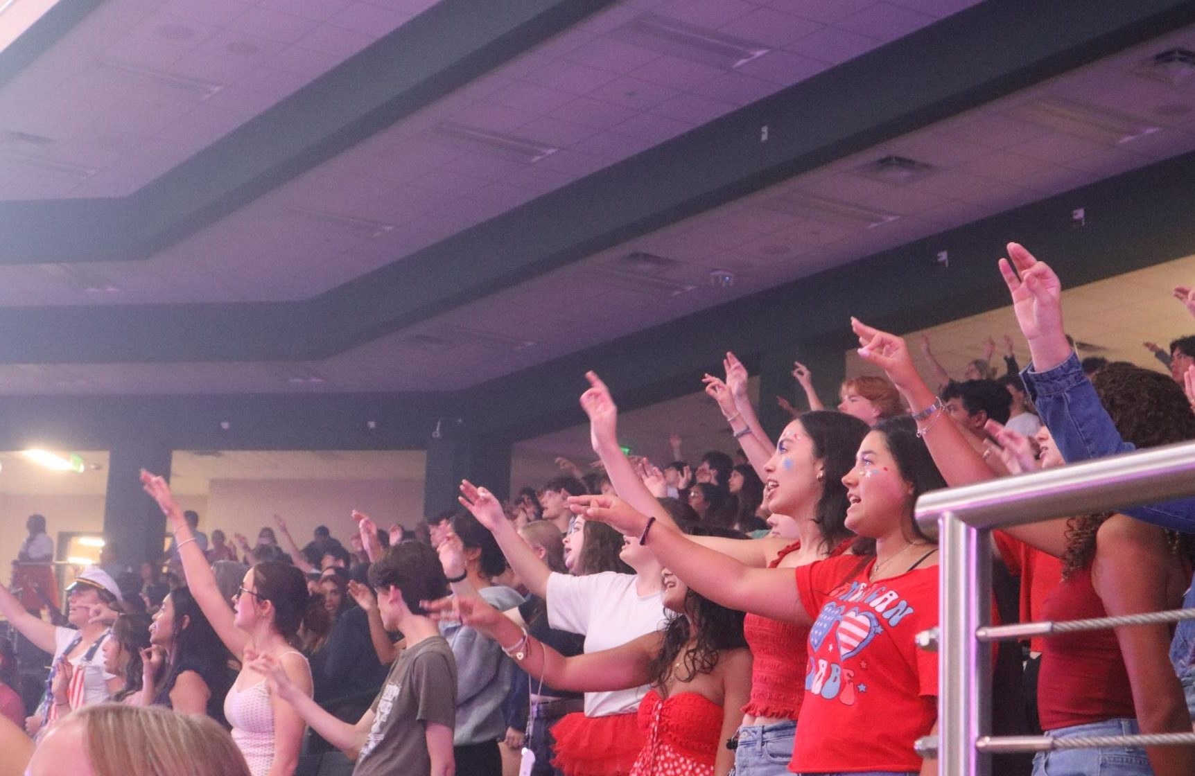 As students stand shoulder to shoulder, the senior section lifts their voices as they sing the alma mater. The pep rally took place during advisory period. This was the first pep rally of the year, allowing for every grade to come together and celebrate our school and our country.