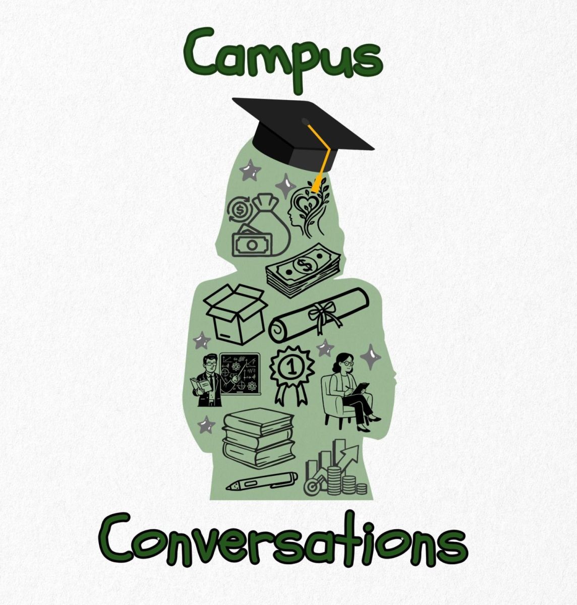 The graphic features common objects associated with high school graduation. In "Campus Conversations," host Sahasra Kandiboyina will discuss topics that high school students face after graduation, such as mental health and finances. Kandiboyina also plans on interviewing PHS counselors and other staff members to gain other perspectives on these subjects.
