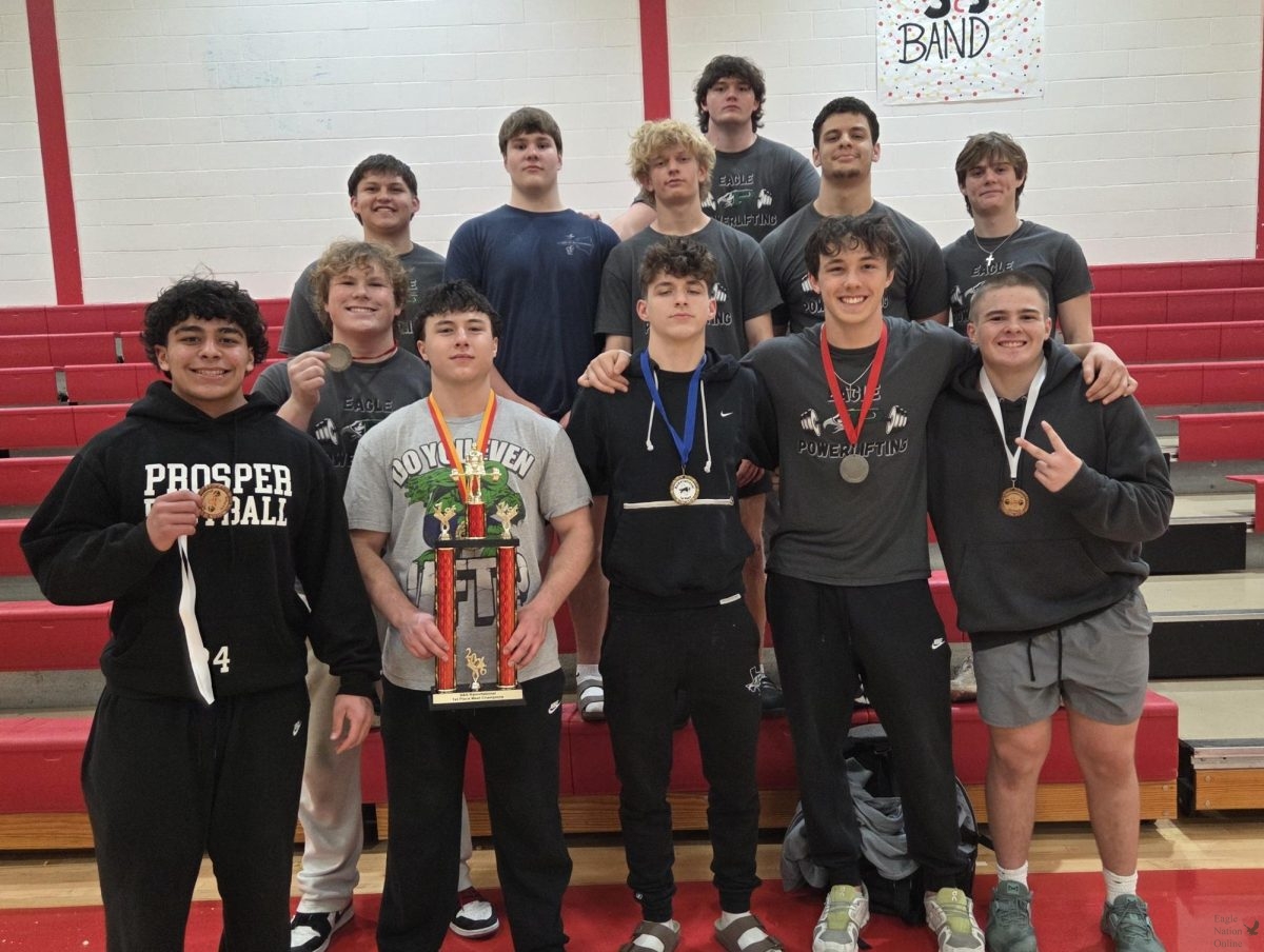 Gathered together, the Eagle Powerlifters come back from a successful meet. The Prosper boys powerlifting team secured a first-place finish at the S&S Powerlifting Invitational this past Saturday. The team is now preparing for their next competition,  scheduled for the following weekend on saturday at 9:30 a.m.
