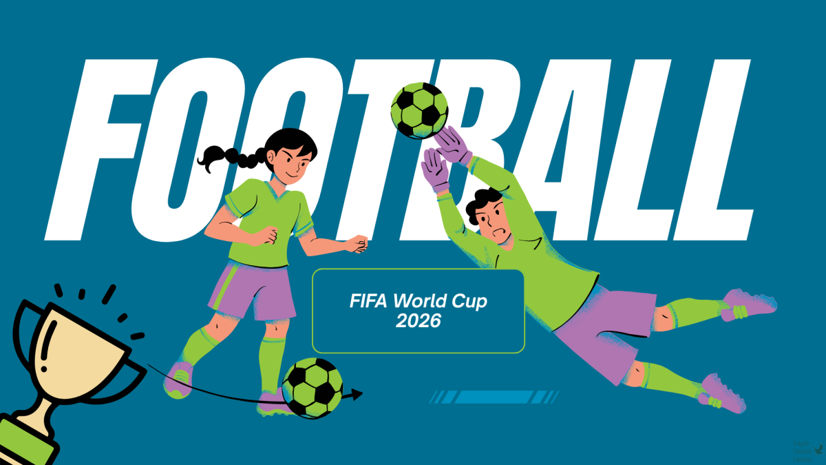 Made in Canva by Sahasra Venkata Kandiboyina a variety of objects representing soccer can be seen. A few of those include a goalie saving the ball, a person dribbling, and a trophy in the corner. The event will take place on June 11 2026.