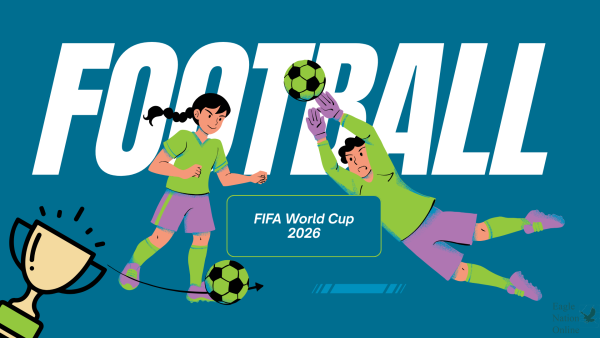Made in Canva by Sahasra Venkata Kandiboyina a variety of objects representing soccer can be seen. A few of those include a goalie saving the ball, a person dribbling, and a trophy in the corner. The event will take place on June 11 2026.