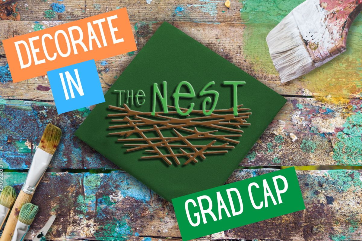Created through Canva by ENT Editor-in-Chief Yousuf Ali, a green graduation cap is shown. Students will be able to start decorating their caps March 30, 2026. The Nest will be offering supplies and tools for the appointments.
