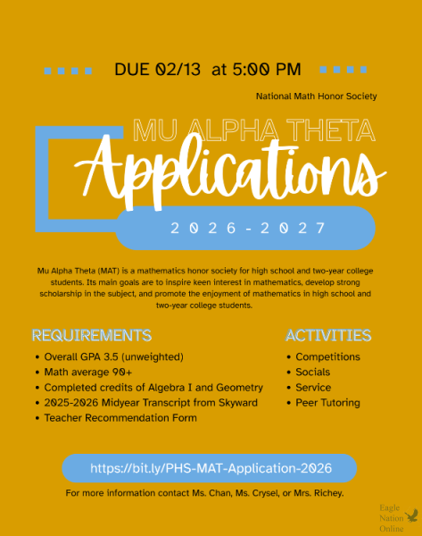 Mu Alpha Theta (math honors society) applications are now open! Applications are due Friday, February 13, at 5:00 PM. The requirements for MAT include:Overall GPA 3.5 (unweighted) Math Average of 90+ (average of ALL math classes from Algebra 1 onward) Completed credits of Algebra I and Geometry. Teacher recommendation (link found in the application form) 2025-2026 Midyear Transcript (historically released on Skyward 01/30)