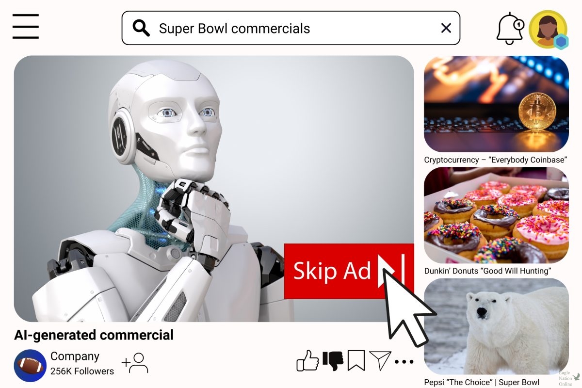 Made in Canva by Feature Editor Kate Duncan, a digital layout of several Super Bowl LX commercials on a social media platform can be seen. A few of these include Svedka Vodka's "Shake Your Bots Off," Pepsi's "The Choice," and Dunkin' Donuts' "Good Will Hunting." The event took place on Feb. 8.