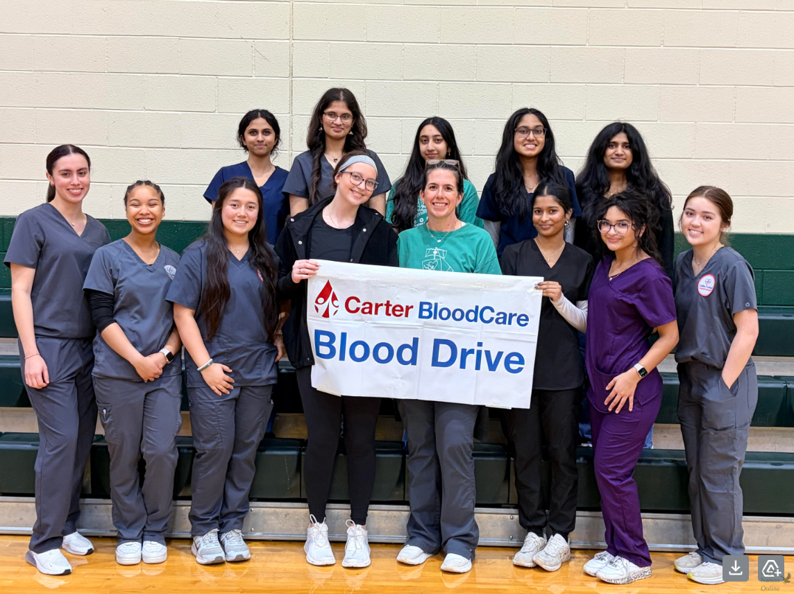 After the drive, HOSA members gather. In the front row, from left to right, are seniors Gabriela Gonzalez, Elly Lawson, Alyson Espinoza Pulido and Ella Dobbs, HOSA sponsor Kelli Factor, seniors Chinmaya Koppuravuri, Jaylabelle Moreta and Katie Cheung, with members in the back being juniors Sahasra Dittakavi and Suhani Singh, sophomore Samhitha Gurijala and juniors Geethika Ramesh and Samyukta Nanduri. "From handing out juice to administering first aid, it is so rewarding to be able to provide for the community," Moreta said. "I have been volunteering for two years and it is always fun to connect with my peers as they give such a generous donation."