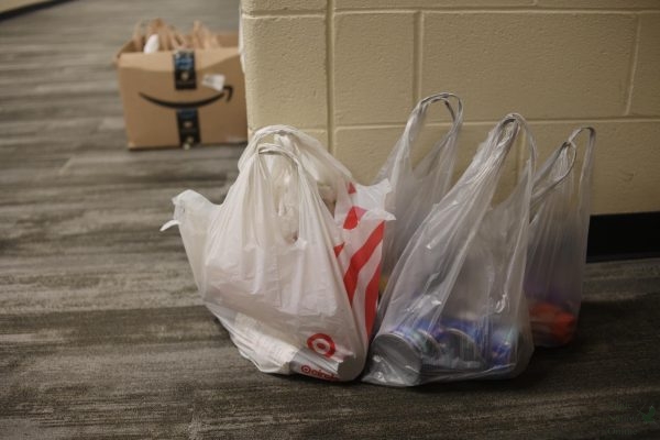 Sitting in the hallway, donation bags and boxes lay in front of room 1238. The Stuff The Bus Food Drive occured from April 13-17. They accepted items like oil, canned meat and meals and small bags of sugar and masa. 