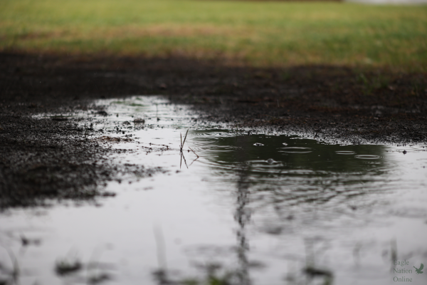 As the rain pours down, the water flows down from the dirt to the grass. The storm passed over Prosper High School on April 21 throughout the school day. The rain is expected to last until 3 p.m. on April 21.
