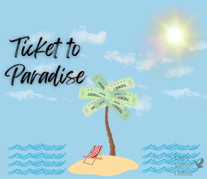 The graphic design features the elements of the theme of Prom this year, which is "Ticket to Paradise." This theme equates to a romantic getaway with palm trees, tropical settings, tiki torches and surfboard decor. It is inspired by the 2022 movie with the same name filmed in Queensland, Australia.