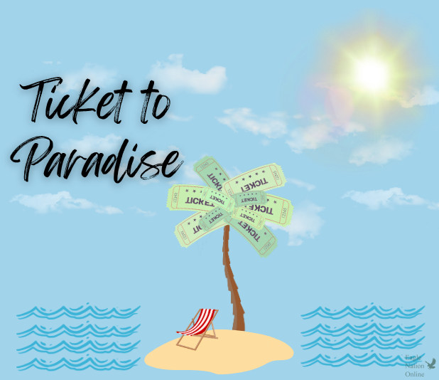 The graphic design features the elements of the theme of Prom this year, which is "Ticket to Paradise." This theme equates to a romantic getaway with palm trees, tropical settings, tiki torches and surfboard decor. It is inspired by the 2022 movie with the same name filmed in Queensland, Australia.